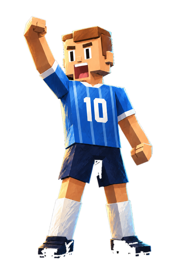 A blocky Soccer Block World striker in a blue number 10 shirt, celebrating